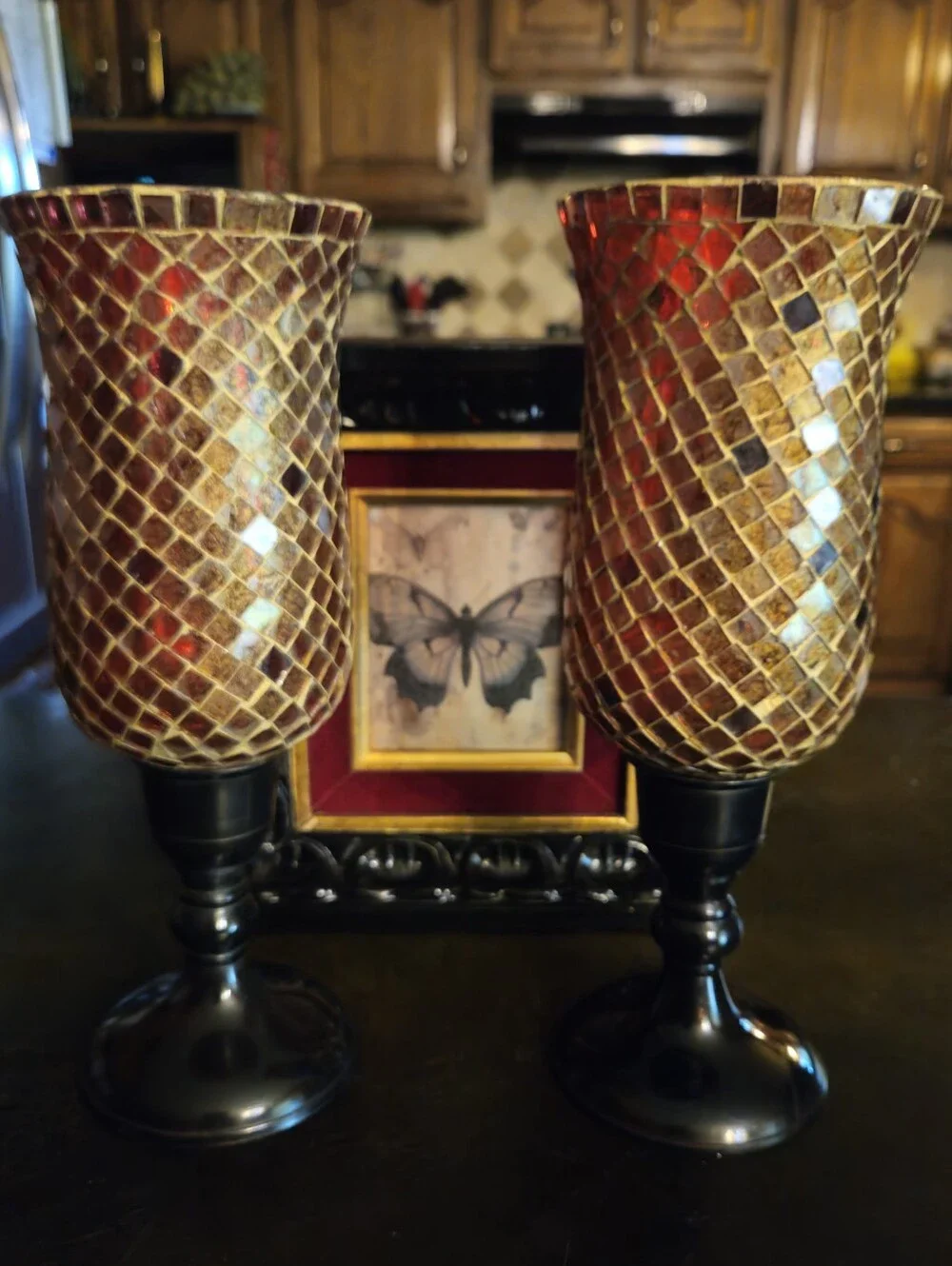 Home Accents Red Mosaic Pedastal Glass Candle Holders - Set of 2